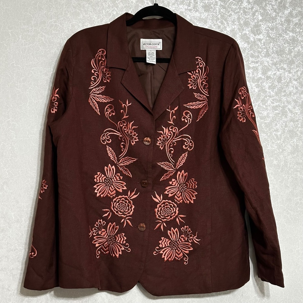 Victor Costa Occasion Brown Linen Blend Floral Embroidered Elegant Blazer Boho L